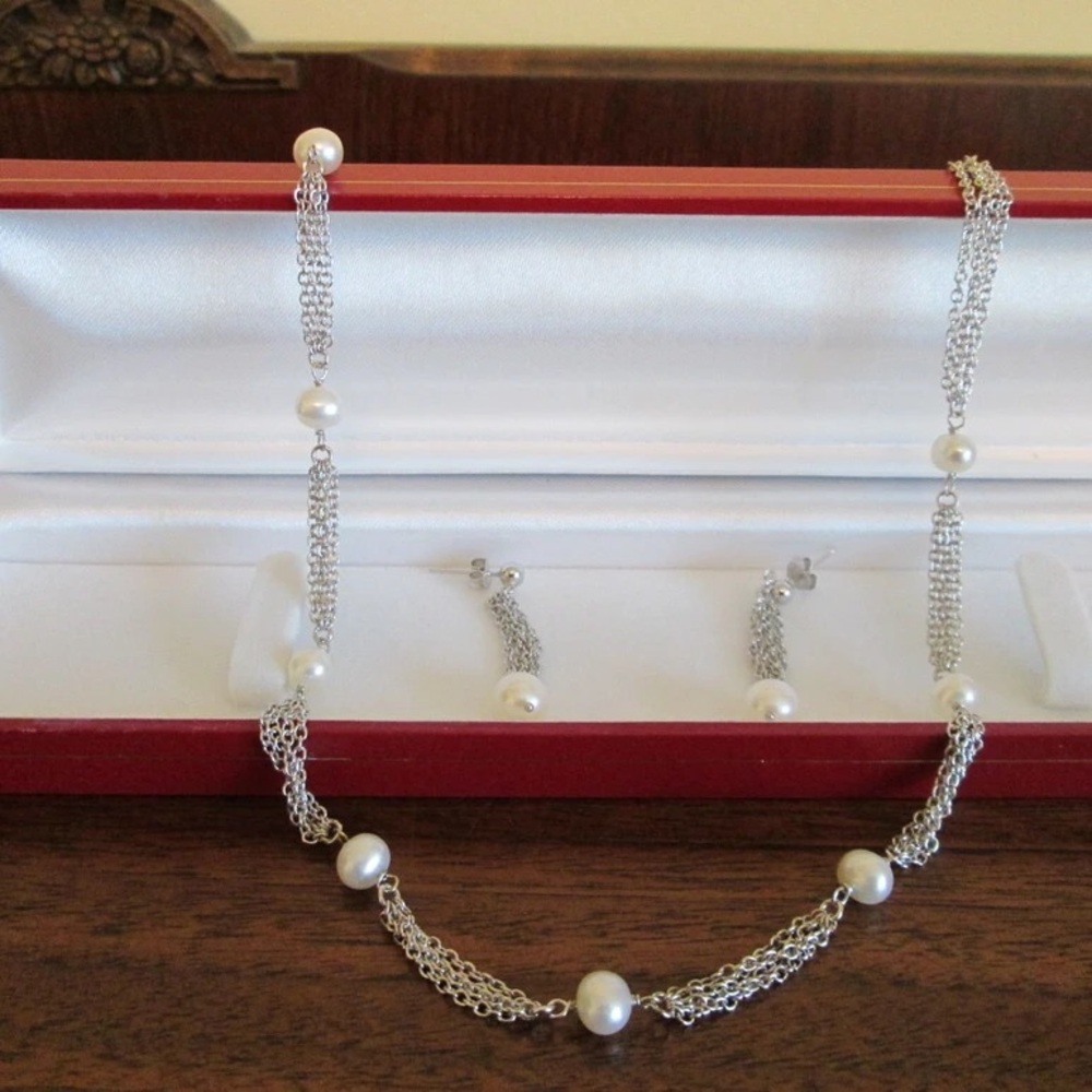 Sterling Silver White Pearl Necklace & Earrings Set